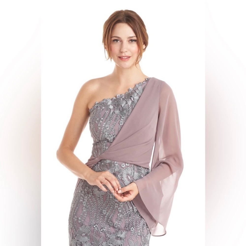 JS Collections Amari One-Shoulder Twist Embroidered Lace Overlay Gown in Steel - Picture 2 of 8
